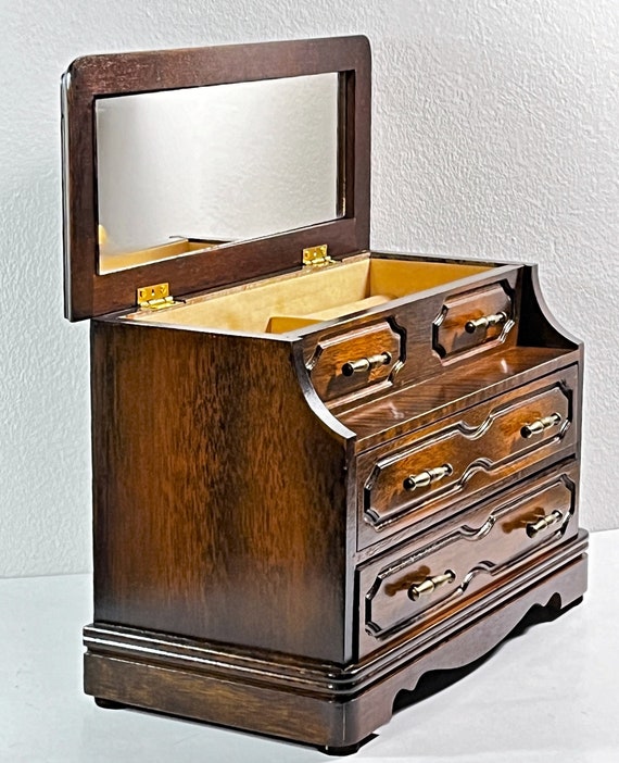 Vintage Jay™ Carved Wood Varnished Musical Jewelry Box, Tune: "Somewhere My Love", Mirror, Restored, 11" W. 8" T. 6" L Free US Shipping.