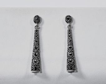 Vintage Sterling Silver Marcasite Victorian Long Dangle Earrings, 1.75" L.  4.20 Grams. Polished, Free US Shipping