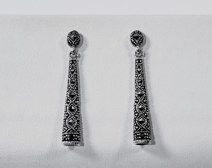 Vintage Sterling Silver Marcasite Victorian Long Dangle Earrings, 1.75" L.  4.20 Grams. Polished, Free US Shipping