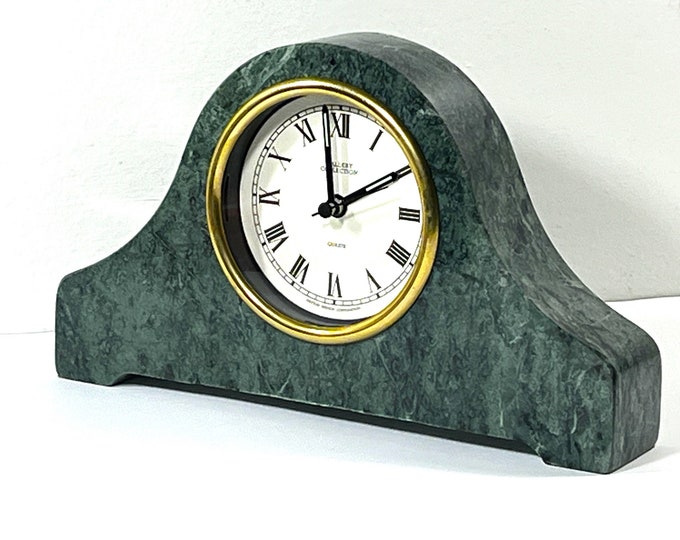 Vintage Gallery Collection Green Marble Napoleon Style Clock, 8.5" W. 5" T. Polished Hand Cut Marble, 3.5" Dial. Serviced. Free US Shipping