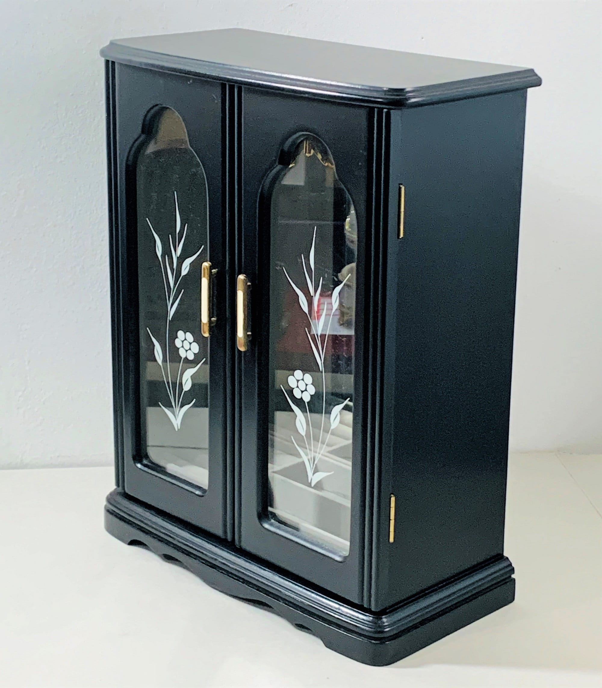 Vintage Solid Wood Black Jewelry Armoire 2 Glass Doors