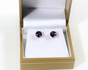 14K Yellow Gold Deep Purple Amethyst Studs, Round Brilliant Full Cut Genuine Amethyst 6.3 mm, 1.58 carat T.W. Free US Shipping.