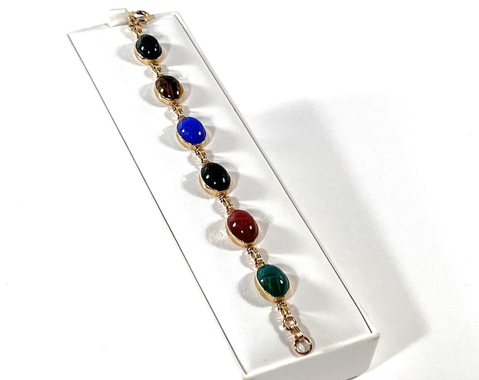 Vintage 1960's Atlas™ 12K Gold Filled Scarab Bracelet, 6 Natural Gemstones Scarabs 14X10mm, Safety Chain. 7" L. Refinished, Free US Shipping