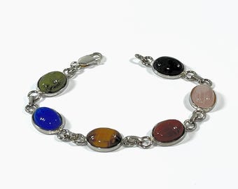 Vintage Sterling Silver Egyptian Scarab Bracelet. 6 Carved Gemstones Scarabs 14X10mm, 16 Grams, 7.5" L. Lobster Clasp, Free US Shipping.