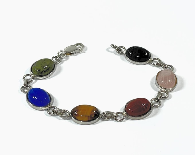 Vintage Sterling Silver Egyptian Scarab Bracelet. 6 Carved Gemstones Scarabs 14X10mm, 16 Grams, 7.5" L. Lobster Clasp, Free US Shipping.
