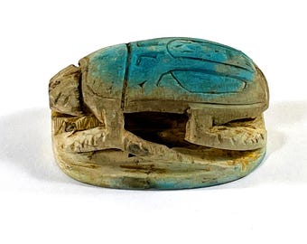 Vintage Ancient Egyptian Faience Ritual Scarab, Large Unique Amulet, Tell El-Amarna (Akhetaten City), Upper Egypt, 50 mm. Free US Shipping