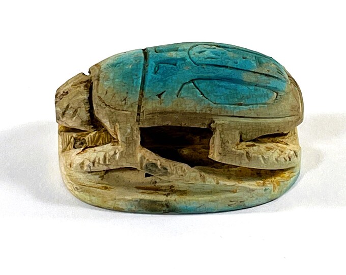 Vintage Ancient Egyptian Faience Ritual Scarab, Large Unique Amulet, Tell El-Amarna (Akhetaten City), Upper Egypt, 50 mm. Free US Shipping
