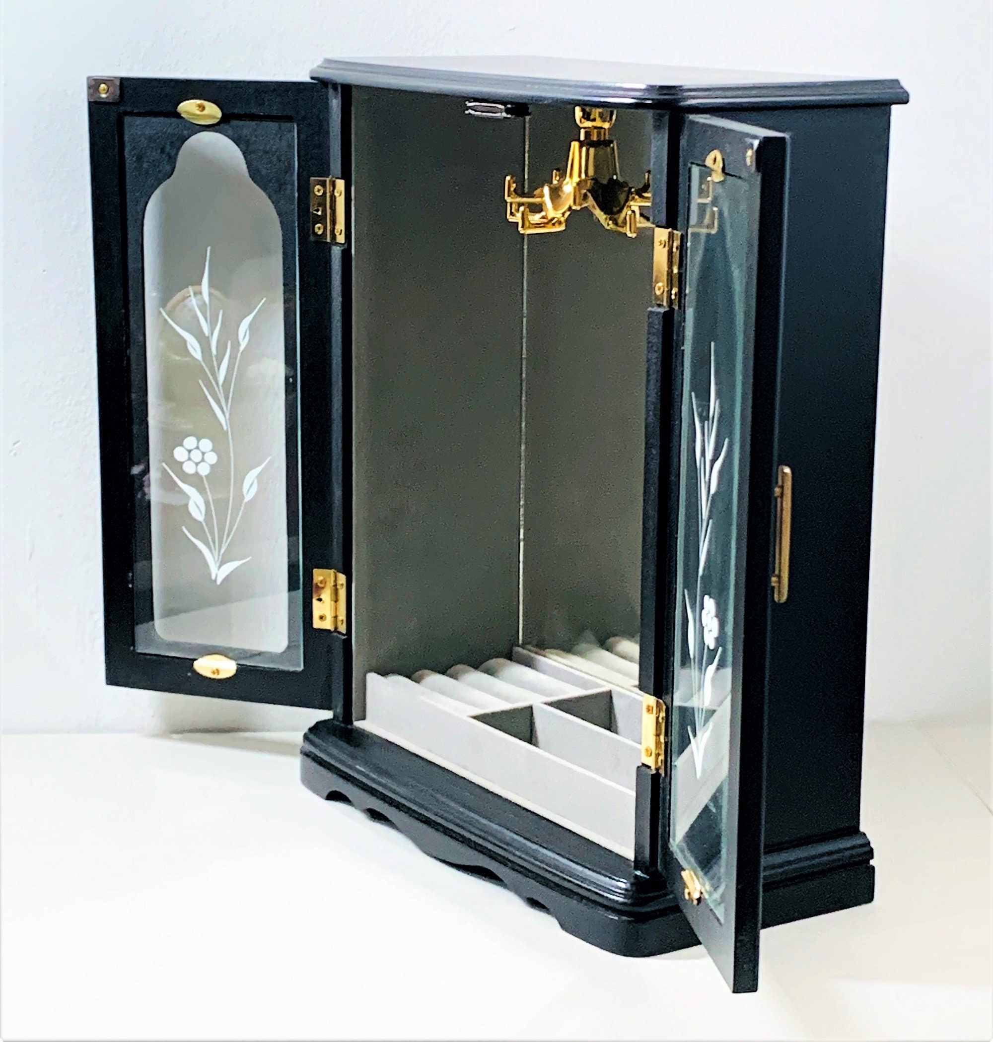 Vintage Solid Wood Black Jewelry Armoire 2 Glass Doors