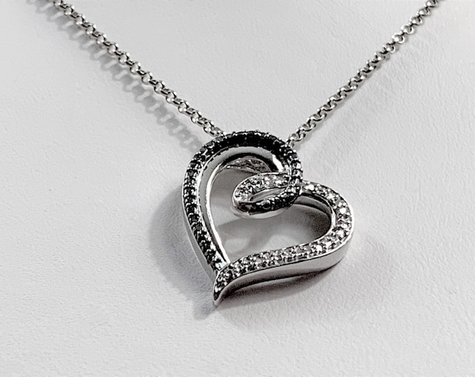 Sterling Silver Heart Necklace, Black and White Faceted CZ, 20" Long Rolo Chain, Rhodium Finish, Free US Shipping.