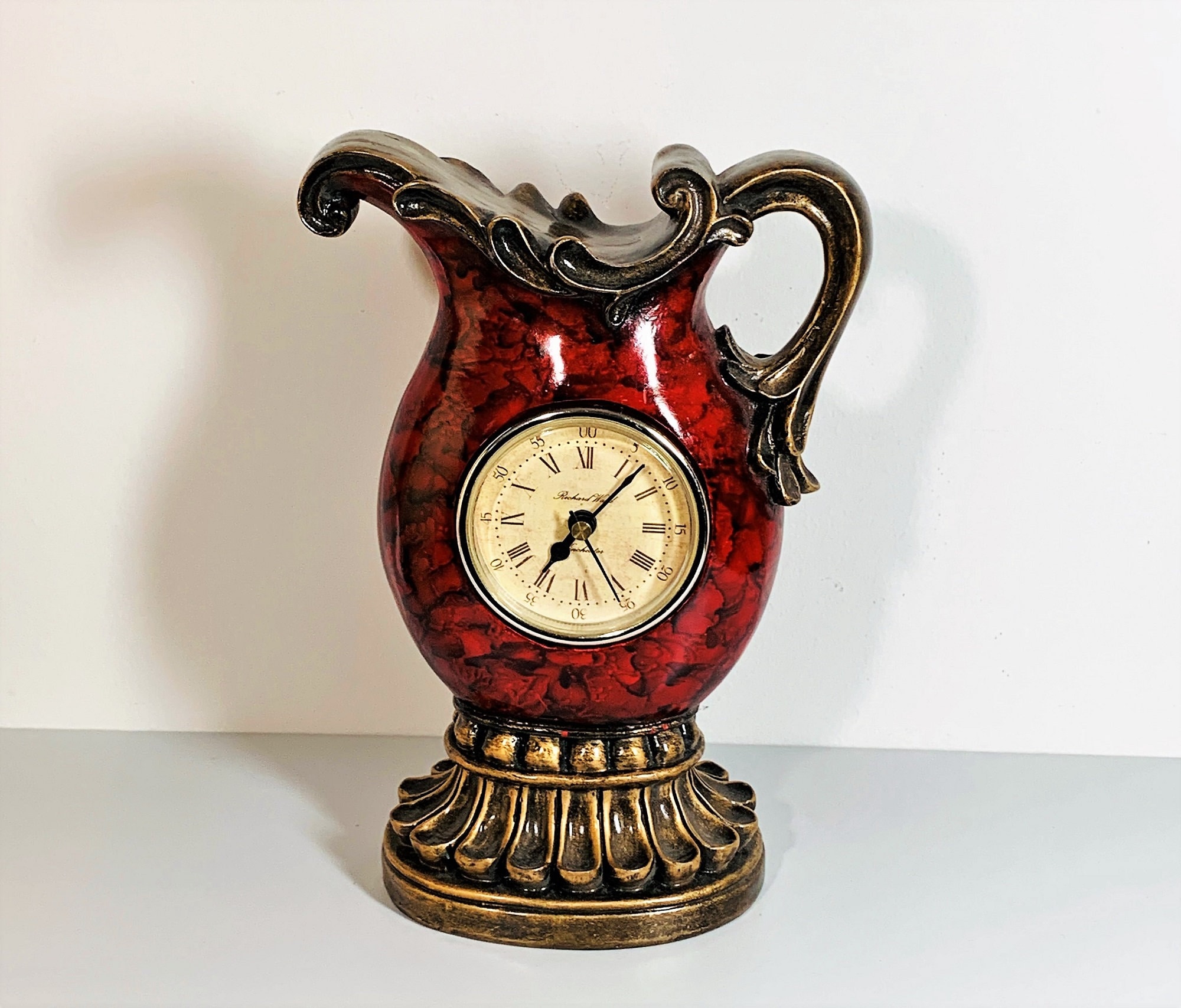 Vintage Richard Ward Winchester Unique Victorian Pitcher Shaped Clock, Burl Gloss & Bronze