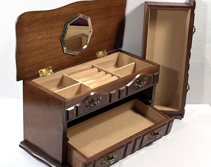 Vintage Centurion® Carved Walnut Wood Jewelry Box, Lid W/ Mirror, Padded Sections, 2 Drawer, 10.5" W. 6" T. Restored. Free US Shipping