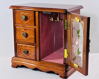 Vintage Solid Red Oak Small Jewelry Armoire, Floral Glass Door, Swirly Hangers,, Mirror, 3 Drawer, 8" T, 8" W. Restored. Free US Shipping