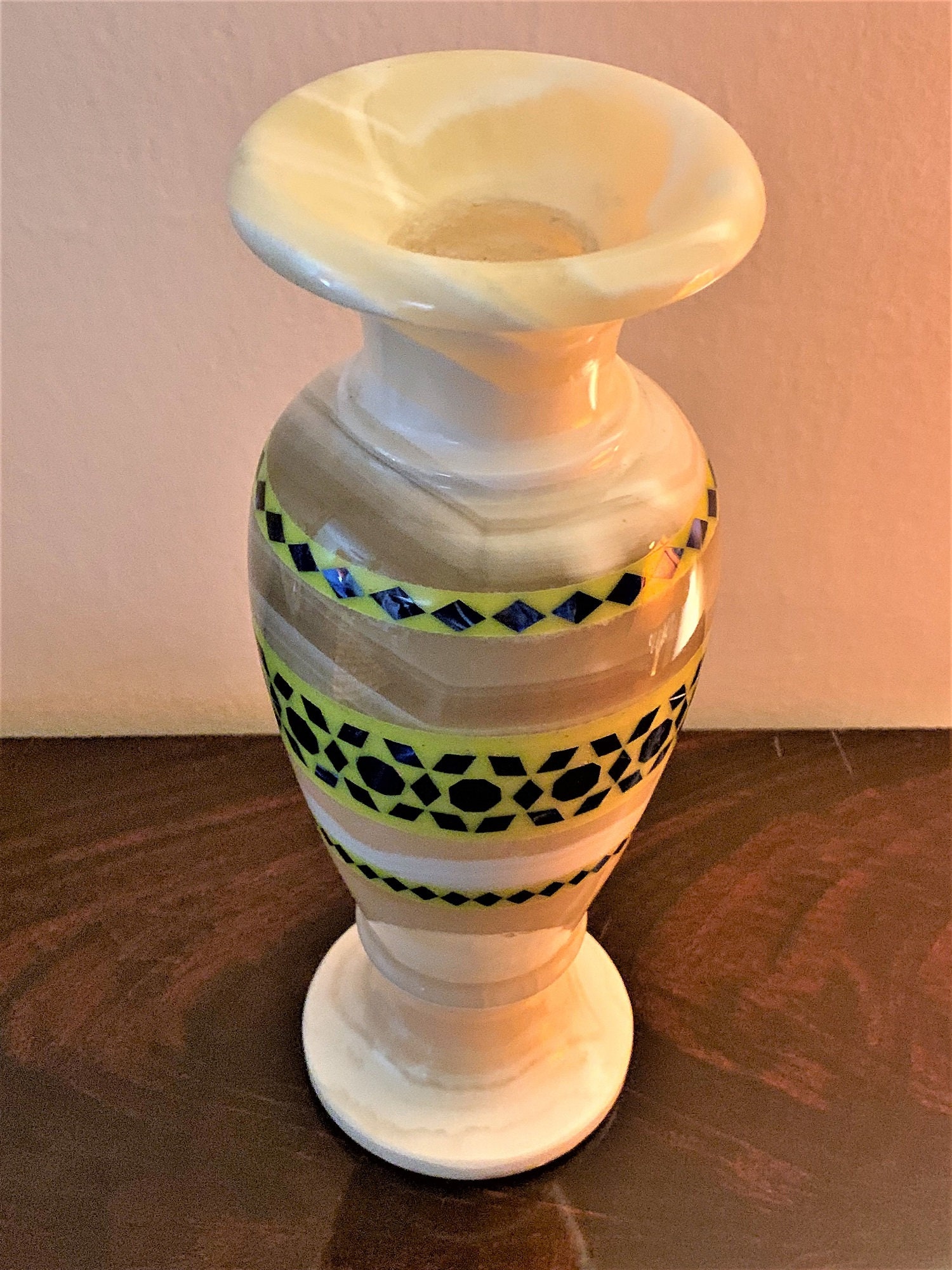 Vintage Hand Made Egyptian Alabaster Vase, Inlaid Different Colors