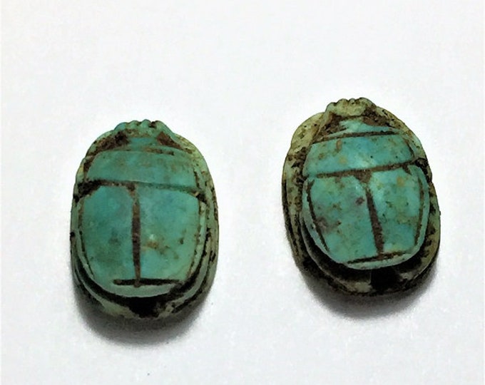 2 Vintage Ancient Egyptian Faience Ritual Scarab Amulet, From West Thebes, Valley of the Kings,  Luxor, Egypt, 15 mm. Free US Shipping.