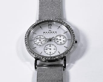 Skagen Designs™ Stainless Steel Swarovski Crystal Bezel Mesh Band 32mm Case, Day & Date, 17mm Lugs, Serviced. Free US Shipping.