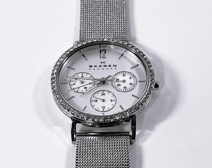 Skagen Designs™ Stainless Steel Swarovski Crystal Bezel Mesh Band 32mm Case, Day & Date, 17mm Lugs, Serviced. Free US Shipping.