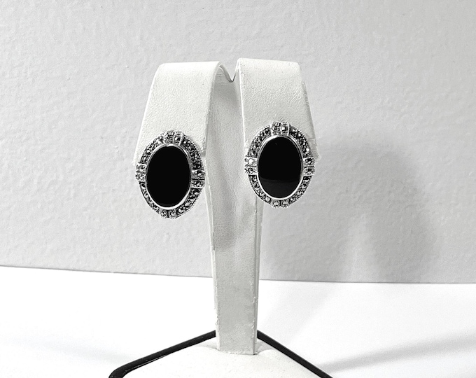 Vintage Sterling Silver Marcasite Large Black Onyx Gemstone Drop Earrings, Posts W/Large Backs, 26 X 21mm, Refinished, Free US Shipping.