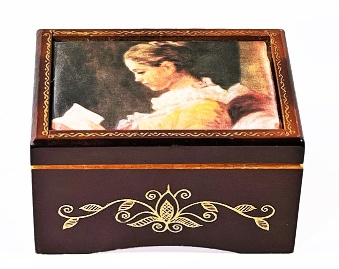 Vintage Linden® Fuji Japan Music Box, Plays "The Way We Were", Fragonard 'Yong Girl Reading' Art on Silk, 4.2" W. 3" L. Free US Shipping.