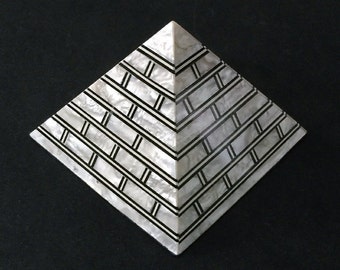Vintage Egyptian Pyramid, Hand Cut Inlaid Mother Of Pearl Tiles, Old Cairo Craftsmanship, 3" - 7 cm,  Positive Energy. Free Us Shipping
