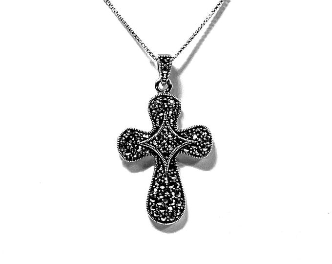 Vintage Sterling Silver & Marcasite Stunning Large Cross Necklace, Circa 1980's, 1 3/4" Long 1" Wide. 18" Box Link Chain, Free US Shipping.