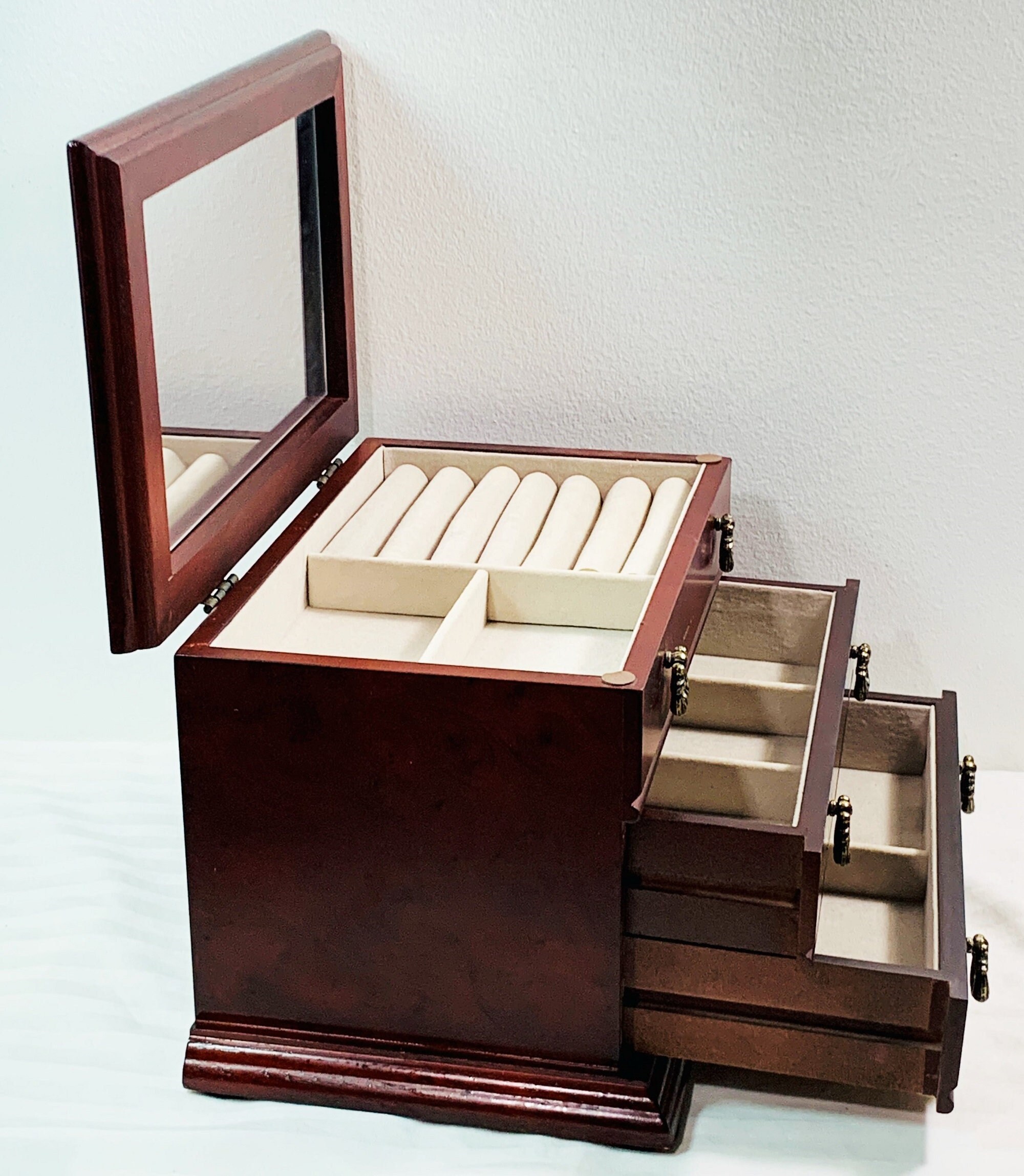 Vintage Mahogany Carved Wood Jewelry Box, Hinged Lid W/Mirror, Padded