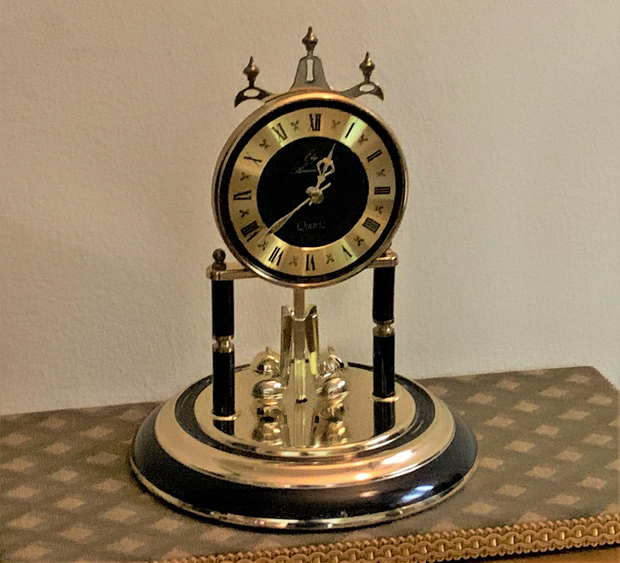 Elgin Anniversary Clock, Glass Dome, Revolving Pendulum, Black Enamel