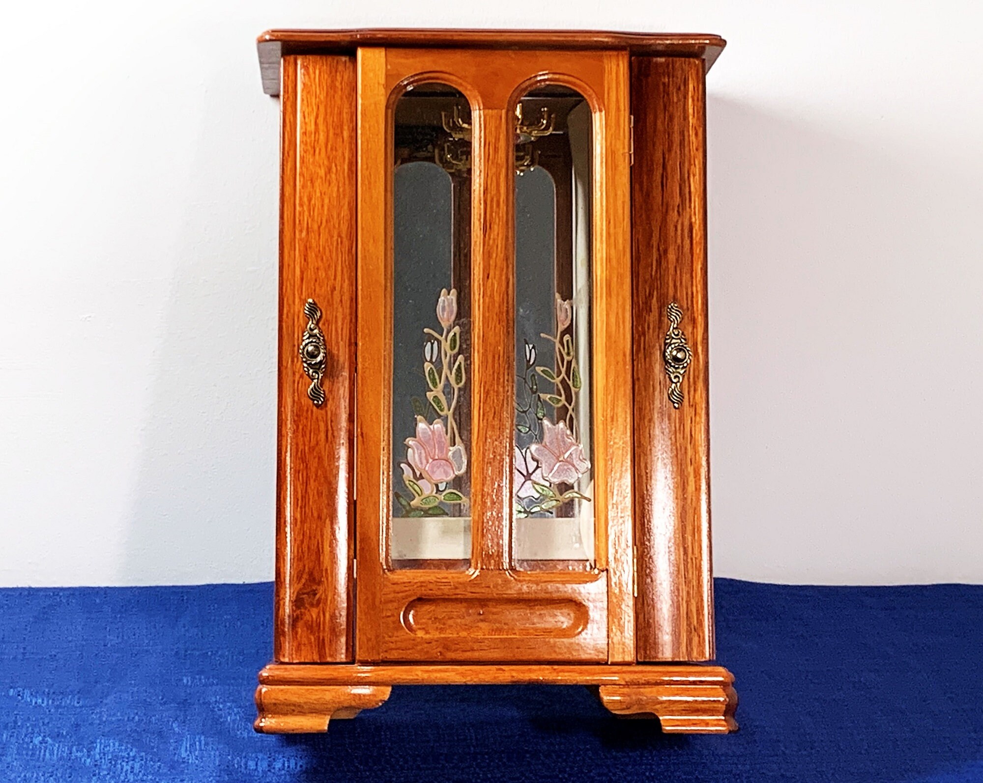 Vintage Large Solid Wood Jewelry Armoire Chest, Stained Glass Door, 2