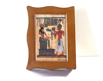 Vintage Artistic Jewelry Box, Glass Window W/ Hand Painted Egyptian Papyrus. Rings Section, Black Lining, 8" W. 6" L.  Free US Shipping.