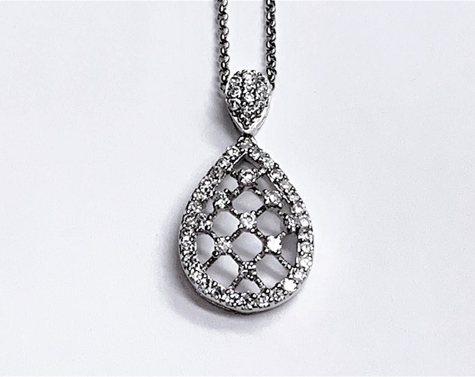 Sterling Silver Fine Hand Crafted Necklace, Hand Set Round Full Cut CZ, Amazing Details, 20" Rolo Chain, Elegant Luxurious Necklace.