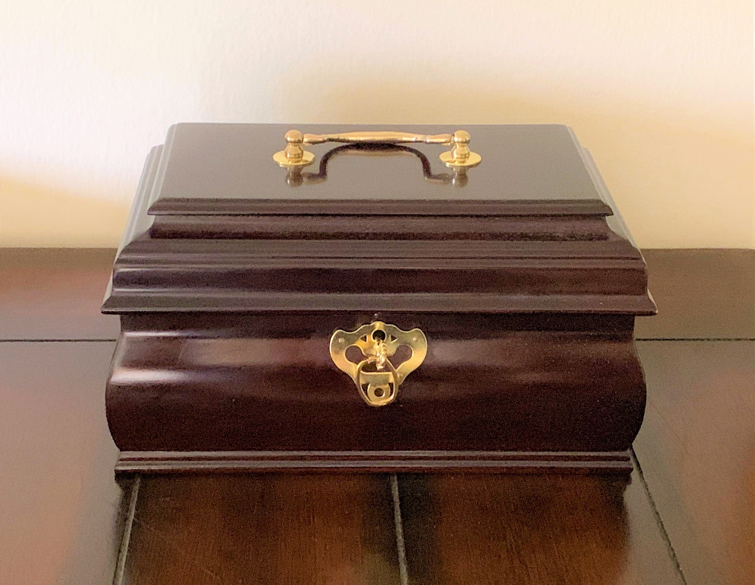Vintage Solid Wood Fancy Jewelry Box, Key Lock, Movable Tray, Brass