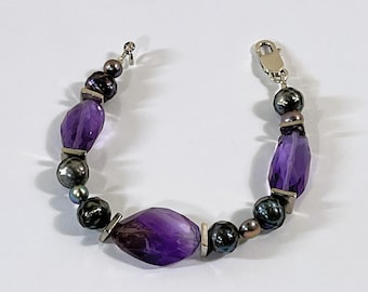 Vintage Sterling Silver Natural Amethyst & Black Pearls Bracelet, Large Polished Amethyst Chunks, 7.5" Long, 23 Grams. Free US Shipping