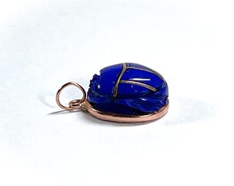 Egyptian Blue Lapis Lazuli Gemstone Carved Scarab Pendant, 12K Solid Rose Gold Setting, 14X12mm Gem, Handmade in Egypt,  Free US Shipping,