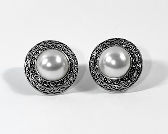 Vintage Judith Jack™ Sterling Silver Marcasite & Domed Pearl Shell Large Earrings, 1.25" - 30mm Round, Omega Backs. Free US Shipping.