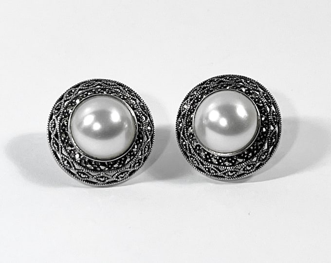 Vintage Judith Jack™ Sterling Silver Marcasite & Domed Pearl Shell Large Earrings, 1.25" - 30mm Round, Omega Backs. Free US Shipping.