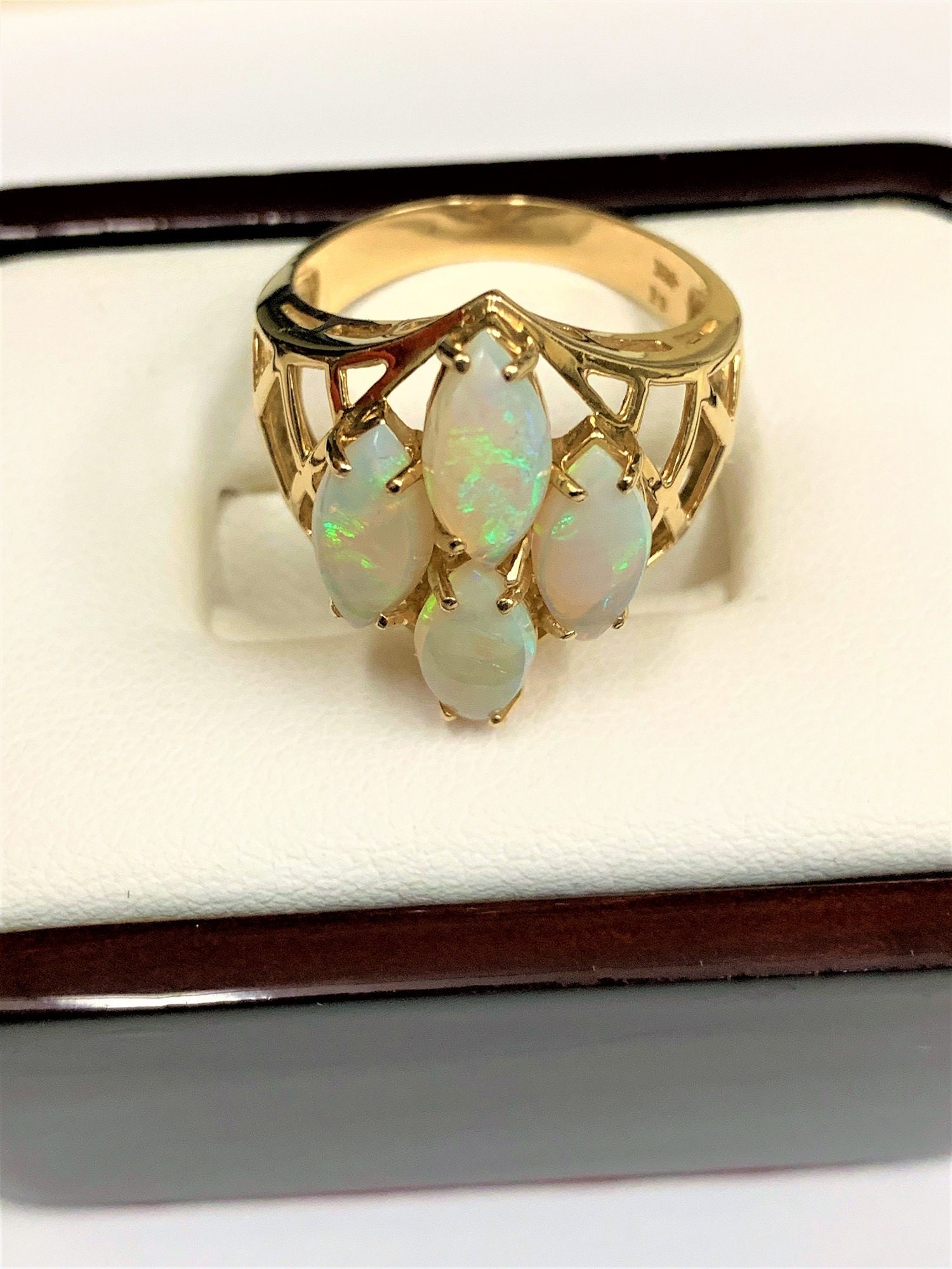 Vintage 14K Gold Opal Ring, 4 Marquis Cut Natural Australian Opal 10X5