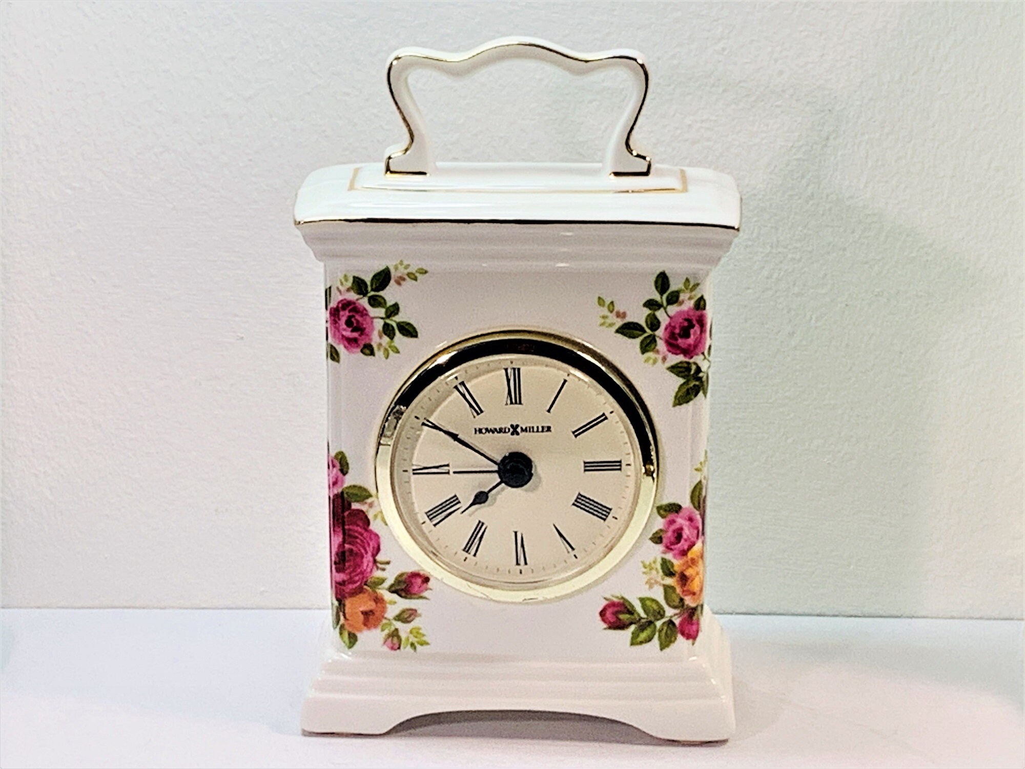 Vintage Howard Miller Porcelain Alarm Carriage Clock 613284, Roses