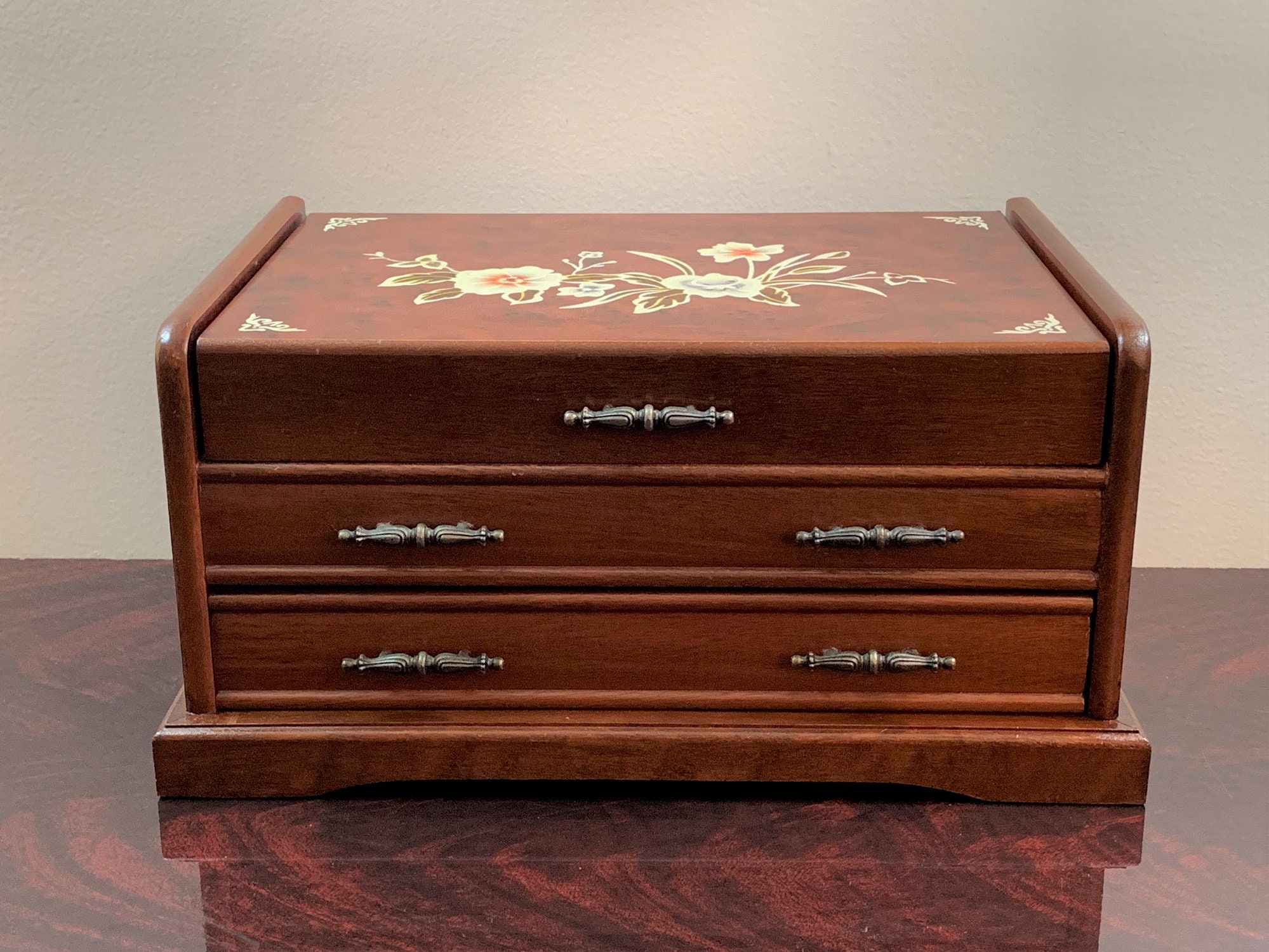 Vintage Solid Wood Jewelry Box,Hand Crafted, Mirror, Padded