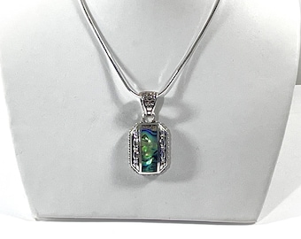 Vintage FAS Italy Sterling Silver Necklace, Large Colorful Abalone Patterned Slide, 18" Chain, 14.00 Grams, Refinished, Free US Shipping.