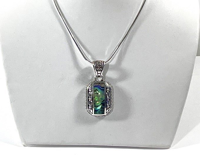 Vintage FAS Italy Sterling Silver Necklace, Large Colorful Abalone Patterned Slide, 18" Chain, 14.00 Grams, Refinished, Free US Shipping.