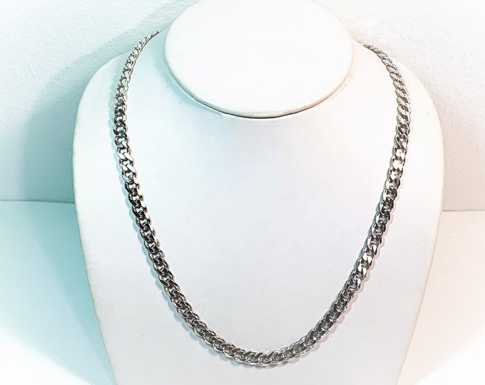 Vintage Sterling Silver Solid Curb Link Necklace, 24.60 Grams, 18" Long, Lobster Claw Clasp,  Made in Italy, Refinished. Free US Shipping.