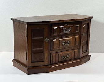 Antique 1940's Japan Carved Rosewood Jewelry Chest, 2 Side Doored Sections, 3 Drawers. Chenille Lining, 11" W. 6.5" T. Free US Shipping