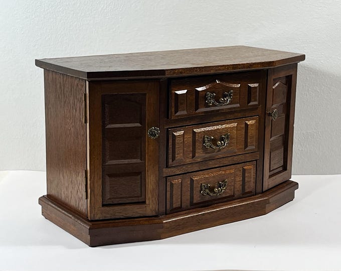 Antique 1940's Japan Carved Rosewood Jewelry Chest, 2 Side Doored Sections, 3 Drawers. Chenille Lining, 11" W. 6.5" T. Free US Shipping