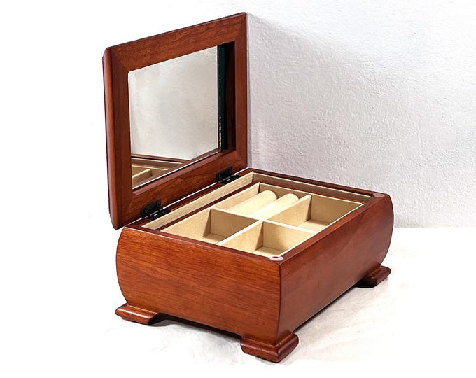 Vintage Carved Fine Cherry Wood Jewelry Box, Lid W/Mirror Inside, Movable Tray, Rings Section, Compartments, 9" W. 6" L. Free US Shipping