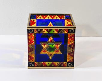Vintage Judaica Colorful Stained Glass Box, Star of David on 2 Sides & Dreidel on the others. 4" Square, Good Condition, Free US Shipping.