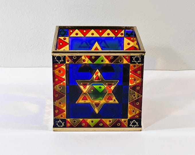 Vintage Judaica Colorful Stained Glass Box, Star of David on 2 Sides & Dreidel on the others. 4" Square, Good Condition, Free US Shipping.