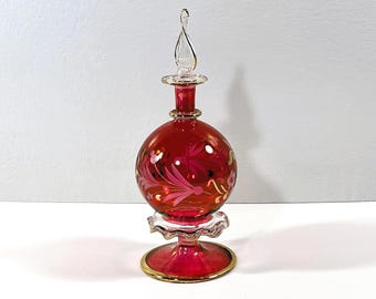Vintage Egyptian Large Hand Blown Glass Perfume Bottle, Etched Patterns, Fuchsia & Gold Leaf, 7.5" T, Free US Shipping