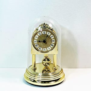Vintage Mini Quartz Anniversary Clock, Swinging Pendulum, Plexiglass Dome, Gold Tone Finish, Restored. 6.5&quot; T. 4.5&quot; Base. Free US Shipping
