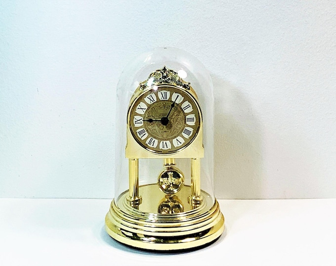 Vintage Mini Quartz Anniversary Clock, Swinging Pendulum, Plexiglass Dome, Gold Tone Finish, Restored. 6.5" T. 4.5" Base. Free US Shipping