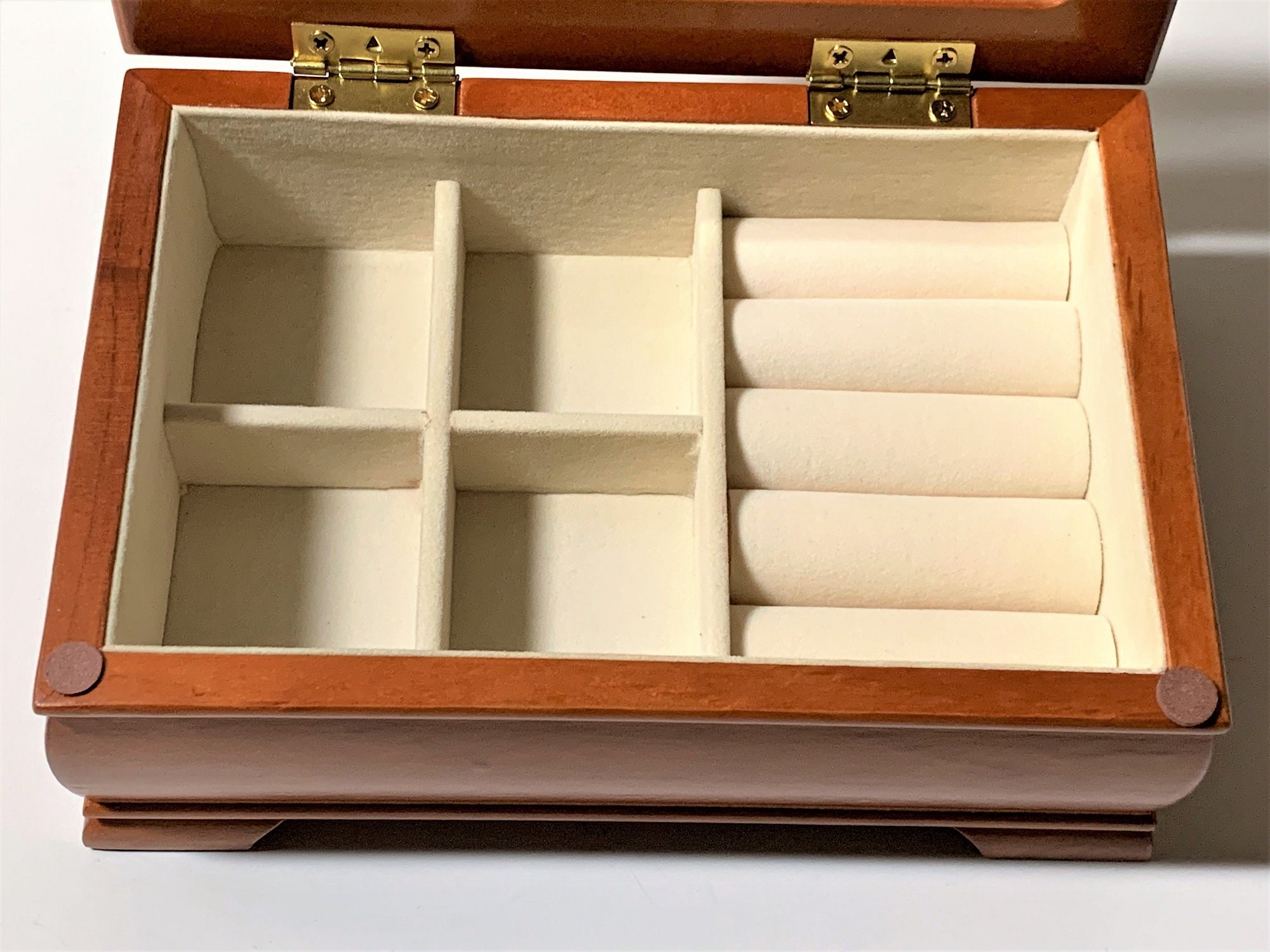 Vintage Solid Wood Smalll Jewelry Box, Etched Glass Top, Padded