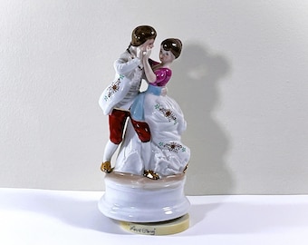 Vintage 1980's Musical Rotating Porcelain Sculpture, Couple Dancing, Tune: "Love Story". Hand Crafted & Painted. 8.5" T. Free US Shipping.